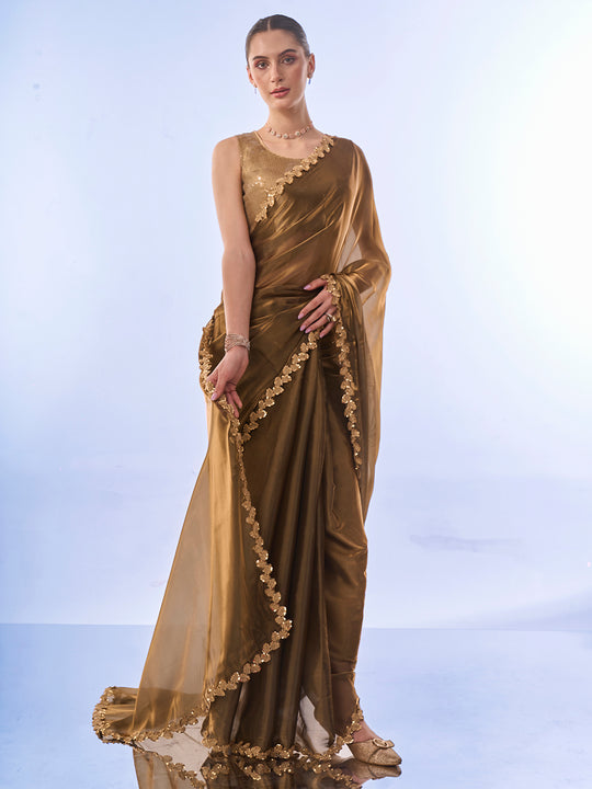 Metallic Gold Organza Saree With Blouse Piece