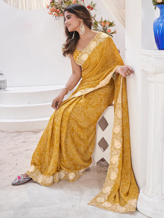 Yellow Georgette Saree With Blouse Piece new