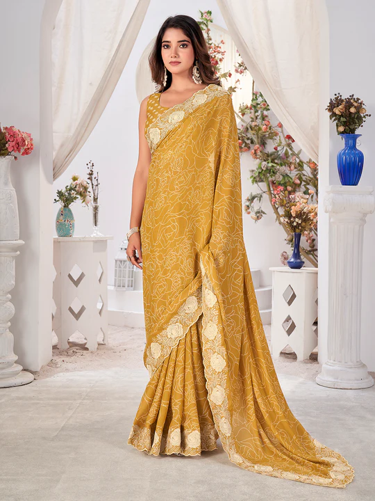 Yellow Georgette Saree With Blouse Piece new