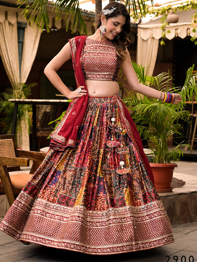 Multi Color Dull Satin Lehenga Choli