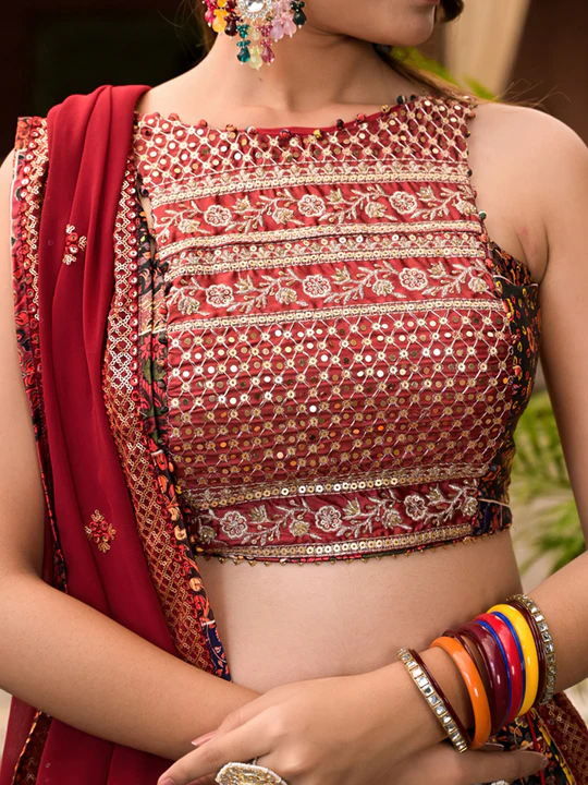Multi Color Dull Satin Lehenga Choli